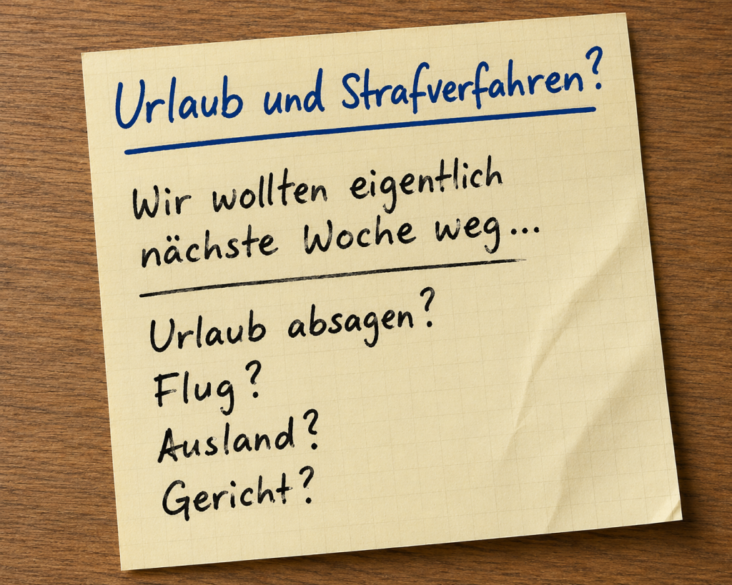 Handschriftlicher Notizzettel mit typischen Fragen eines Mandanten zu Urlaub, Auslandsreise und Strafverfahren