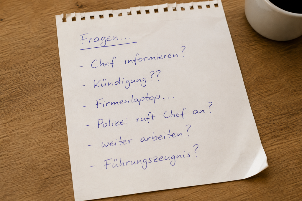 Handschriftlicher Notizzettel mit typischen Fragen eines Mandanten zum Strafverfahren und möglichen Folgen für den Arbeitsplatz